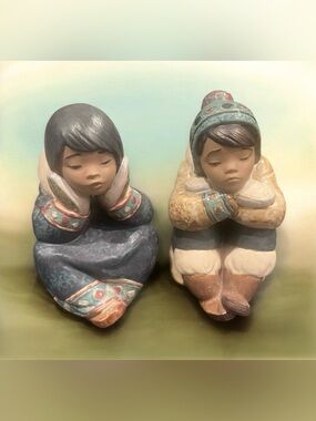 Vintage Lladro Gres stoneware figurines of Eskimo children, numbers 2158 & 2159
